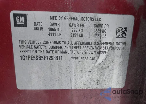 2015 Chevrolet Cruze 2Lt Auto from USA, damaged, VIN 1G1PE5SB5F7298811